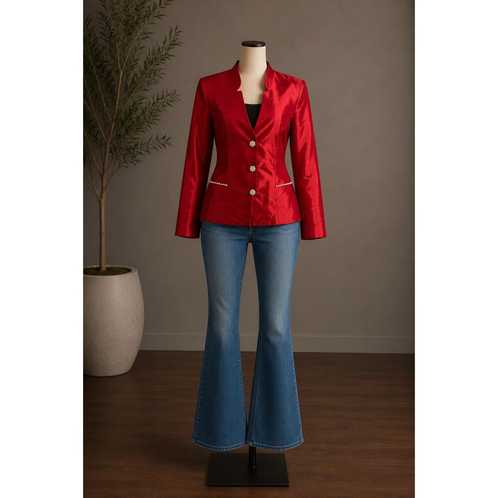NWT Nicolette Red Satin Blazer Jacket Rhinestone Button Formal Career Size 18